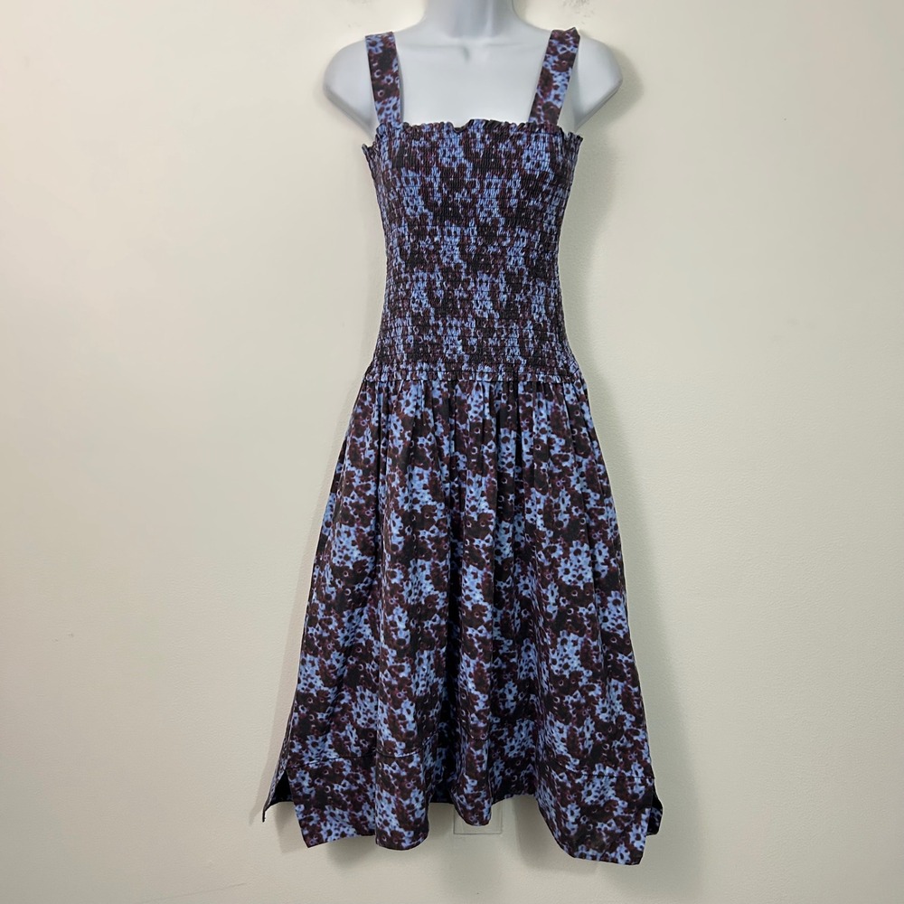 Proenza Schouler White‎ Label Blue Burgundy Smocked Cotton Midi Dress Size 12